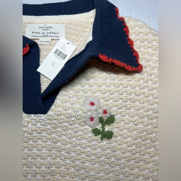 Trovata Birds Of Paradis NWT XS Parker Polo Sweater Antique White - Picture 6 of 10
